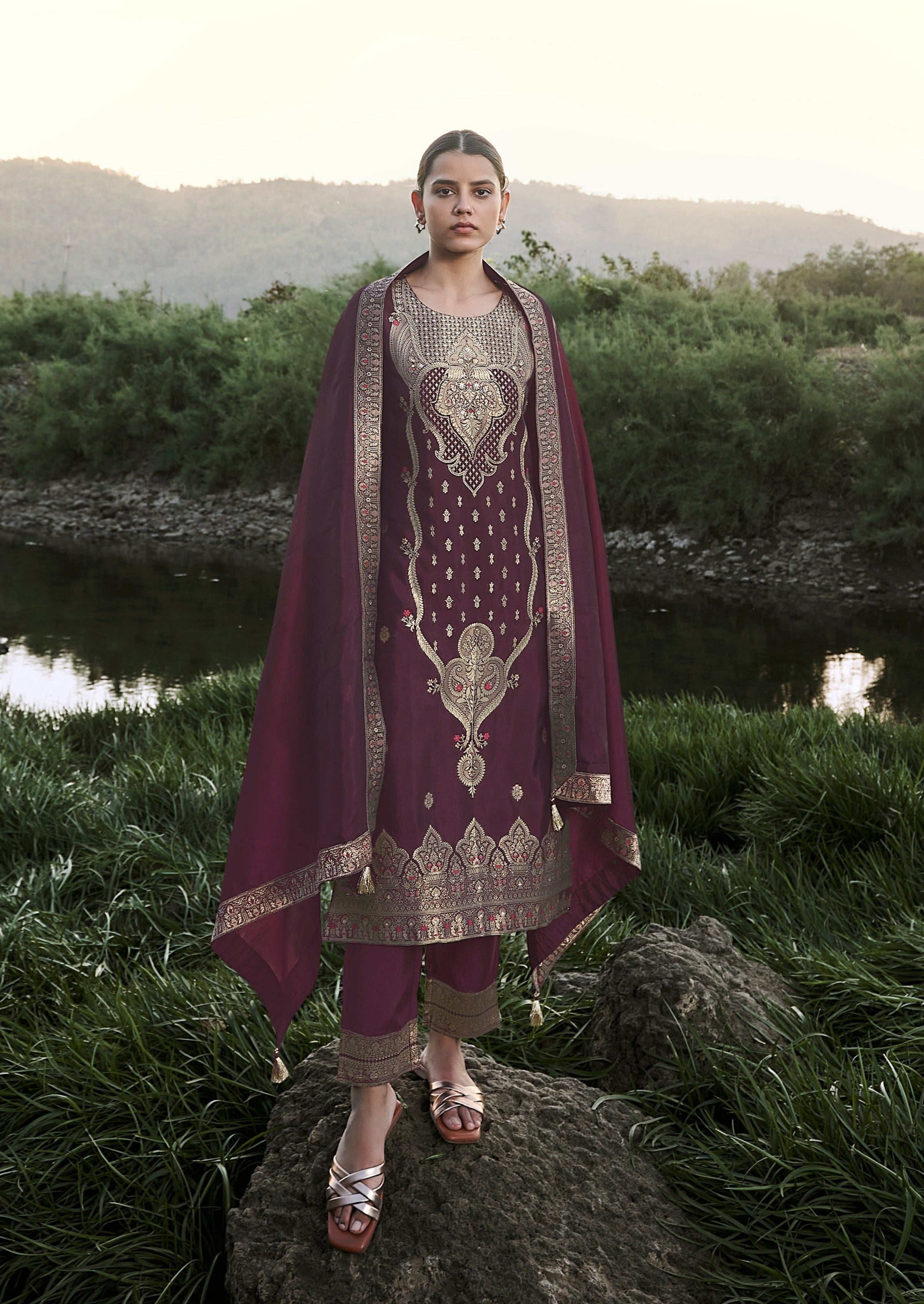 Wine Top Dyed Woven Silk Kurta Set