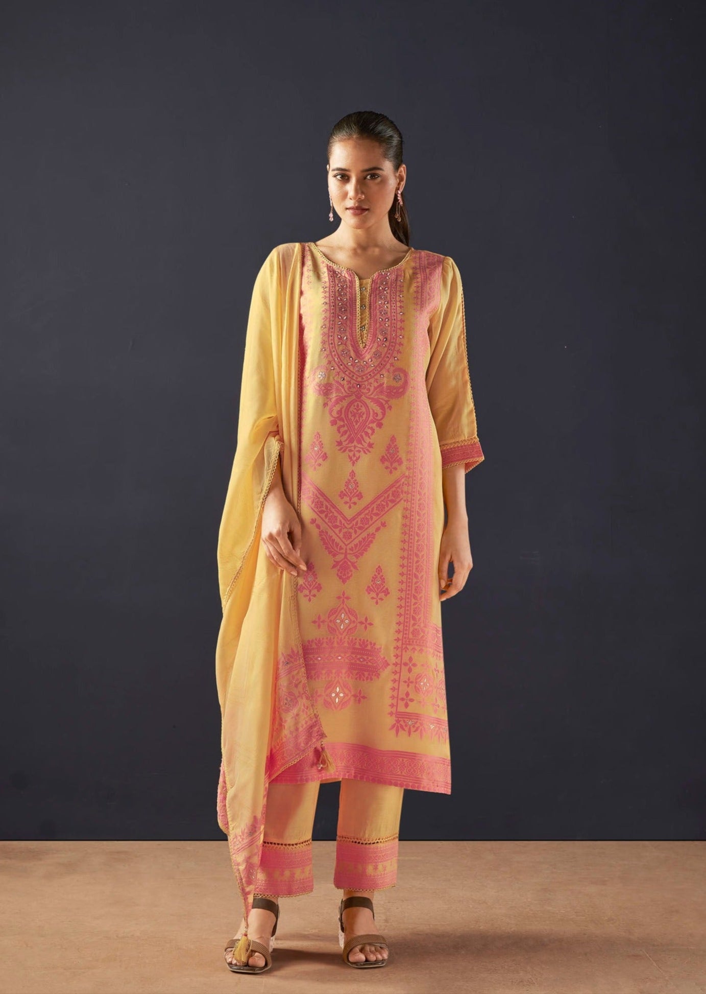 Yellow Woven Silk Kurta Set