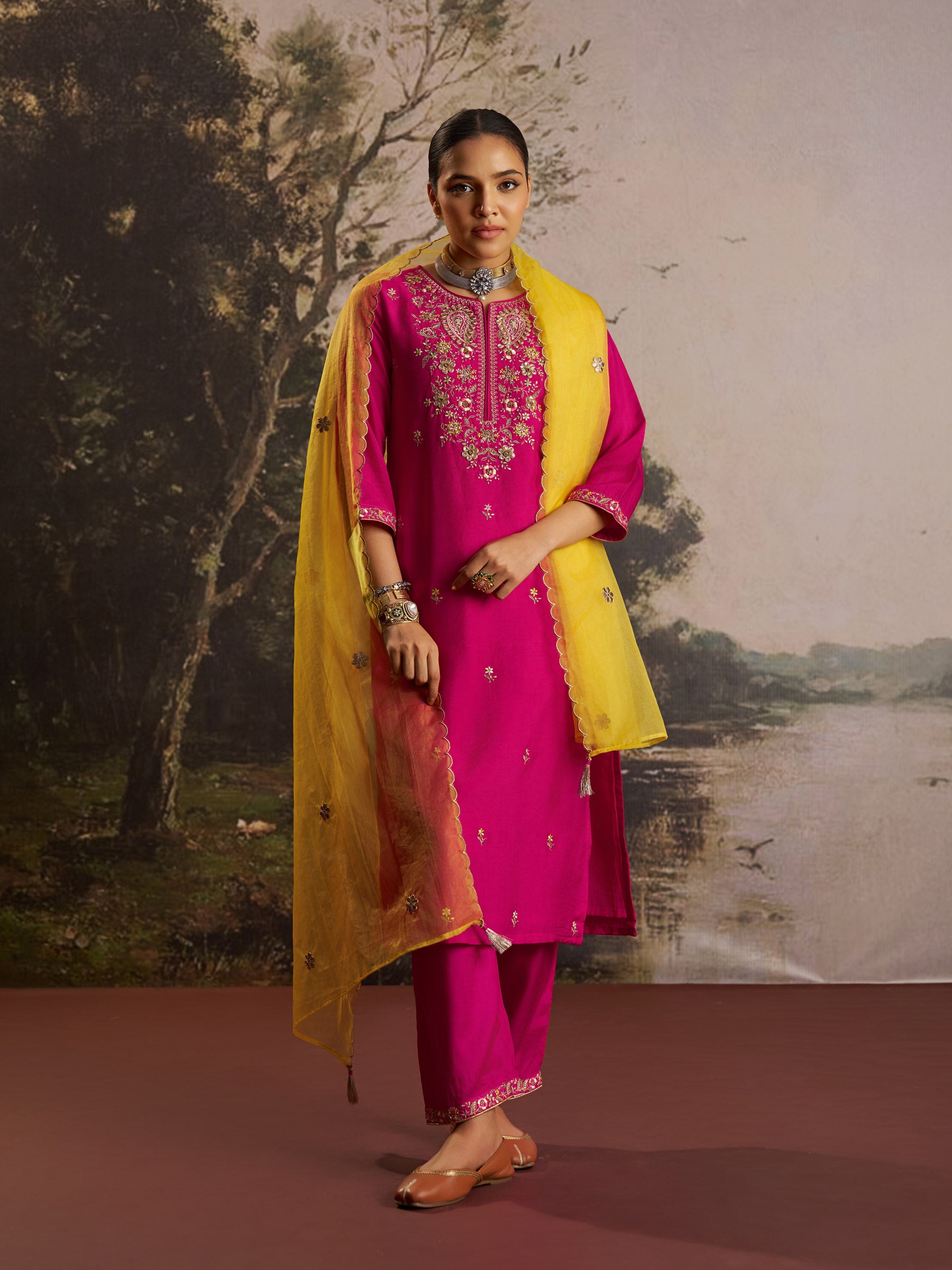 Cerise Silk Embroidery Kurta Set