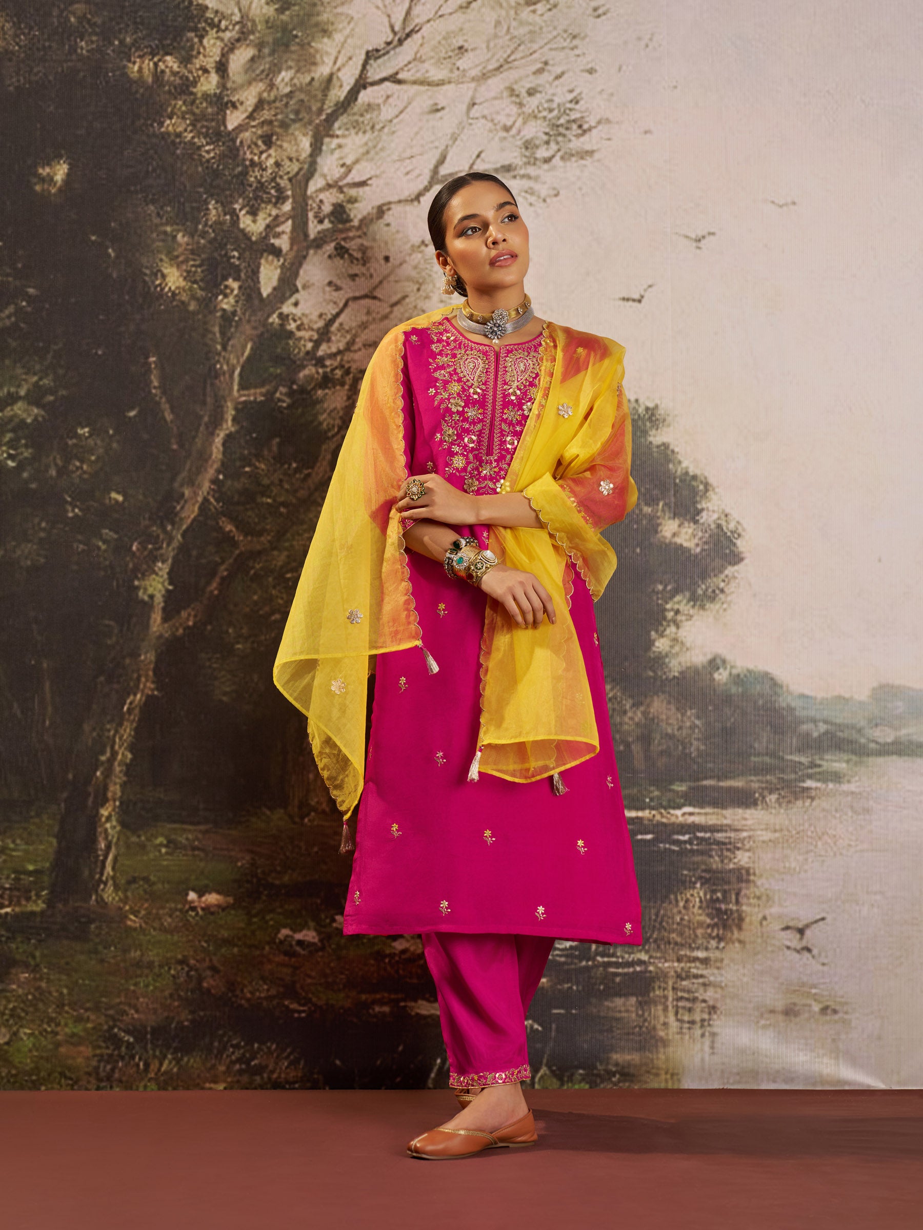 Cerise Silk Embroidery Kurta Set