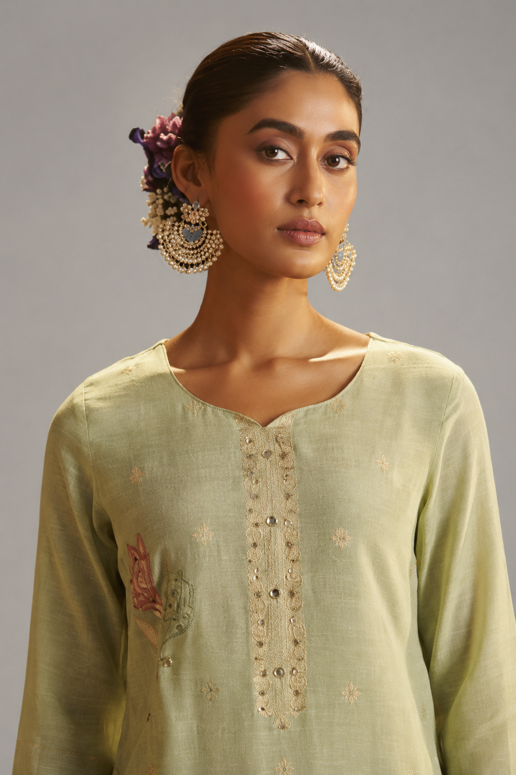 Soft Sage Green Viscose Linen Jacquard Fancy Kurta Set