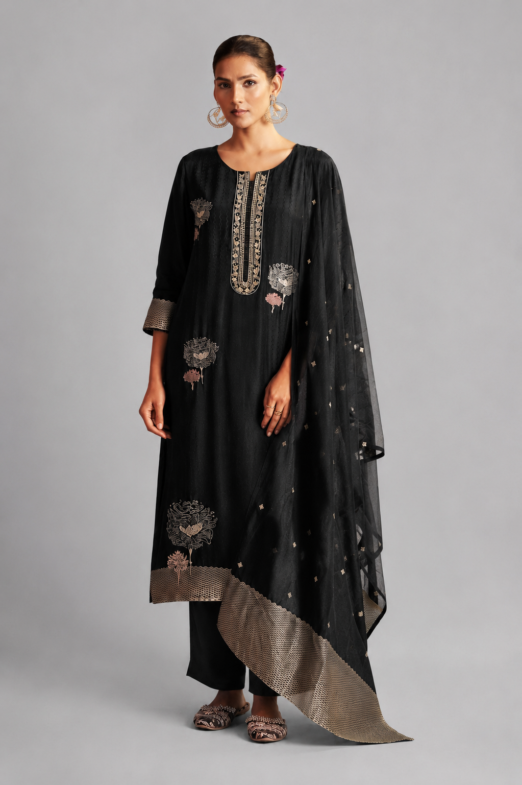 Black Handworked Silk Festive Kurta Set