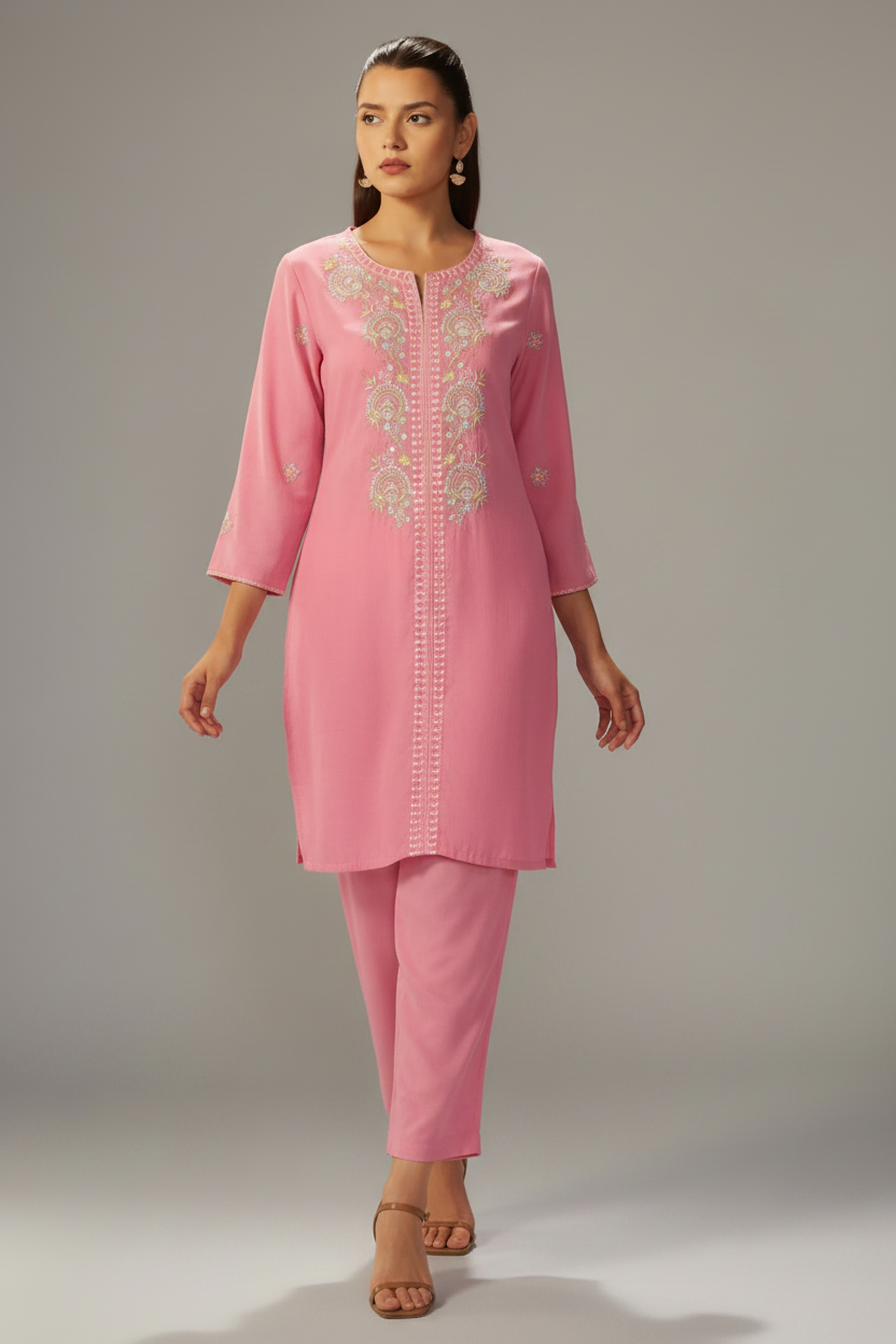 Sachet Pink Mul Chanderi Embroidery Co-ord Set
