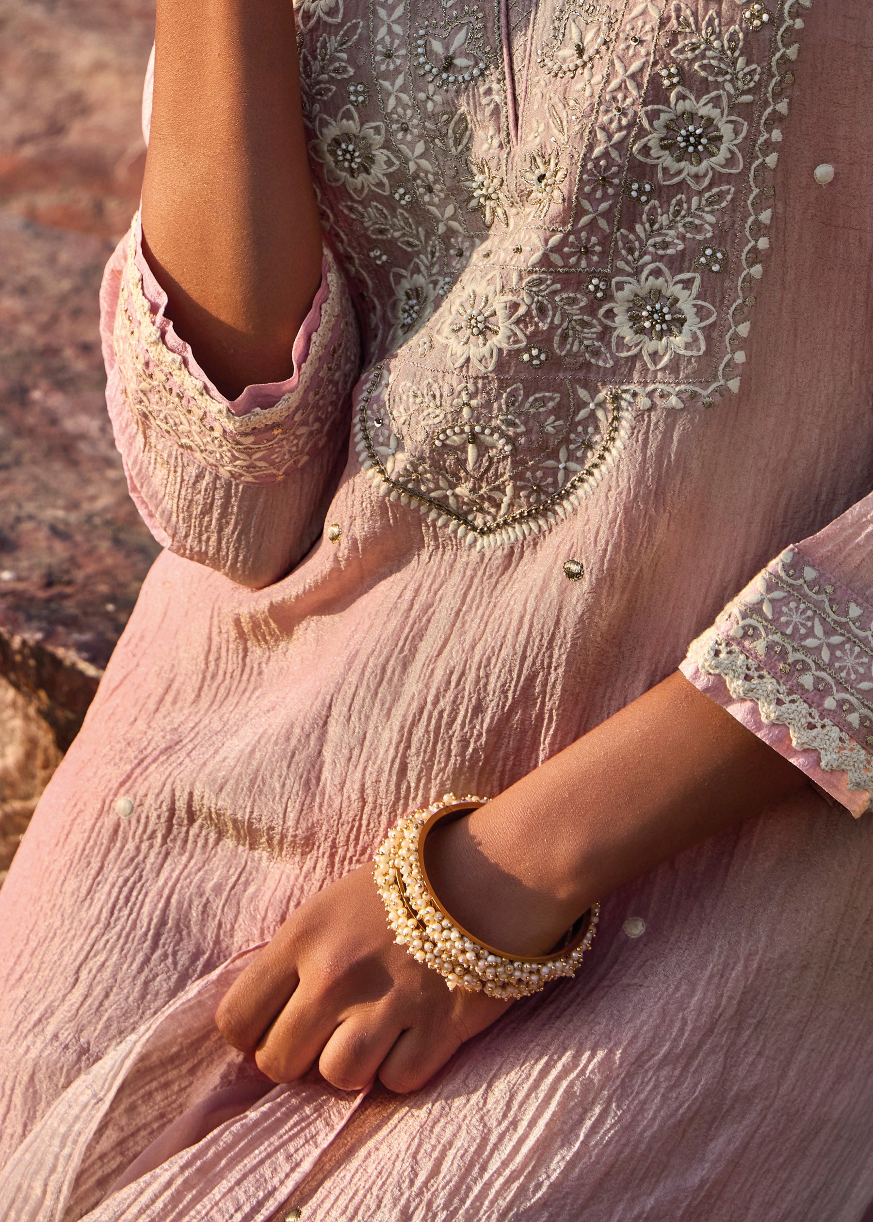 Ormelle Lavender Embroidered Silk Kurta Set