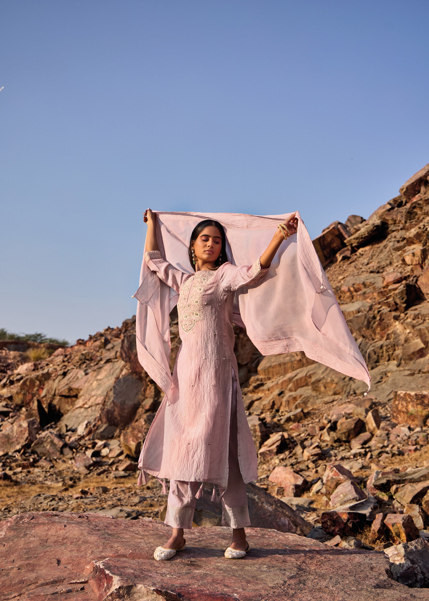 Ormelle Lavender Embroidered Silk Kurta Set