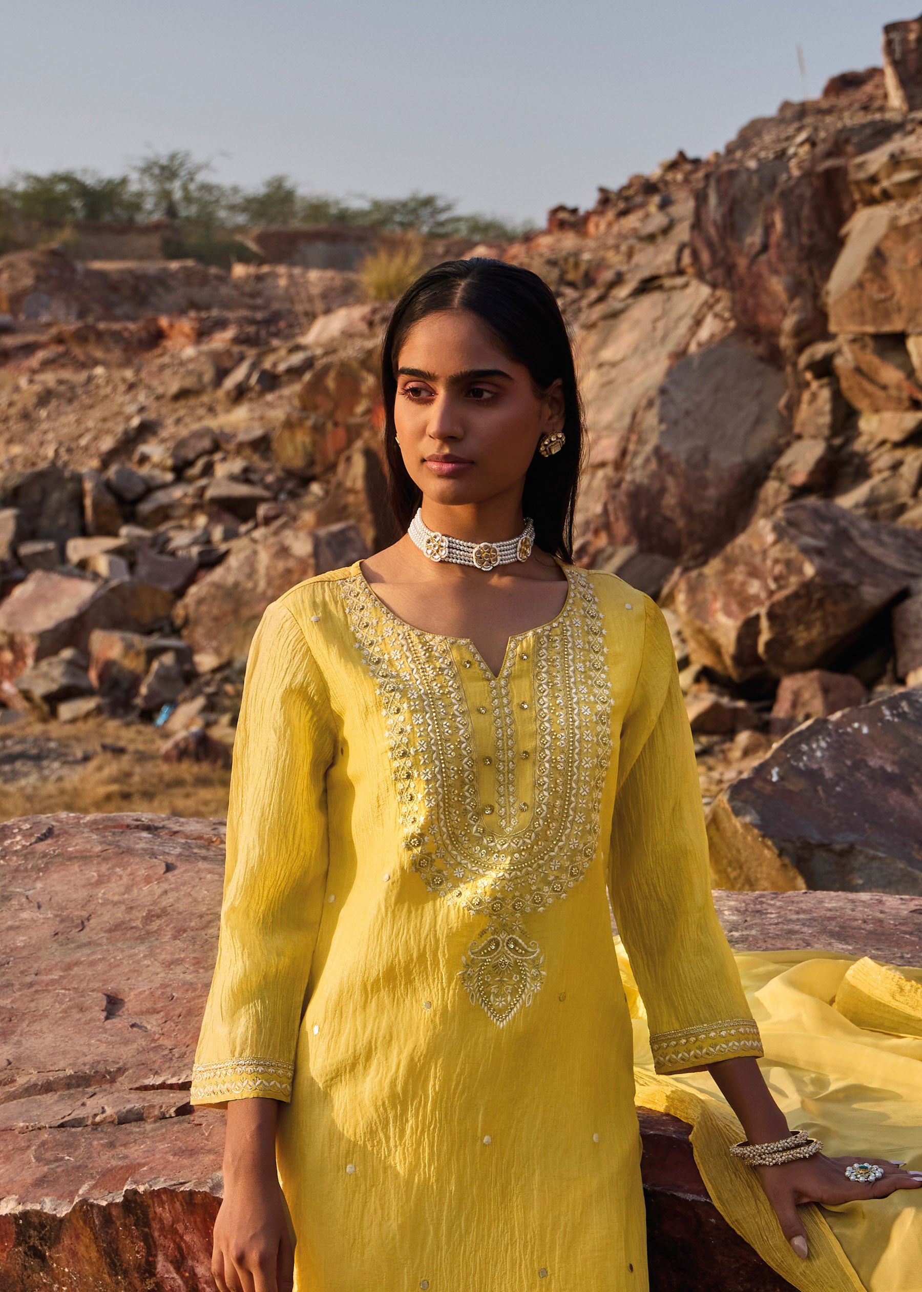Soraya Lemon Glow Embroidered Silk Kurta Set