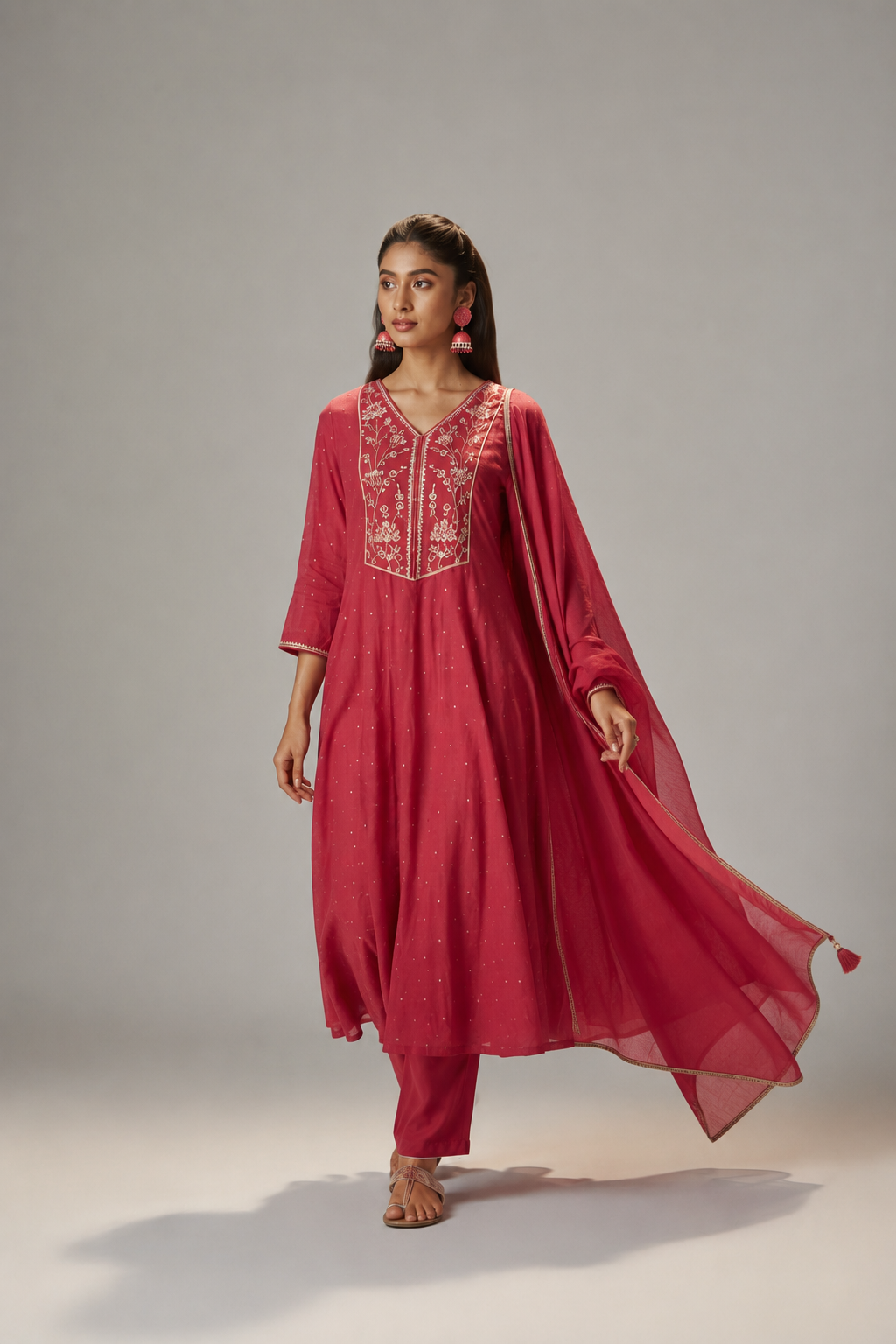 Raspberry Pink Mul Chanderi Embroidery Anarkali Kurta Set