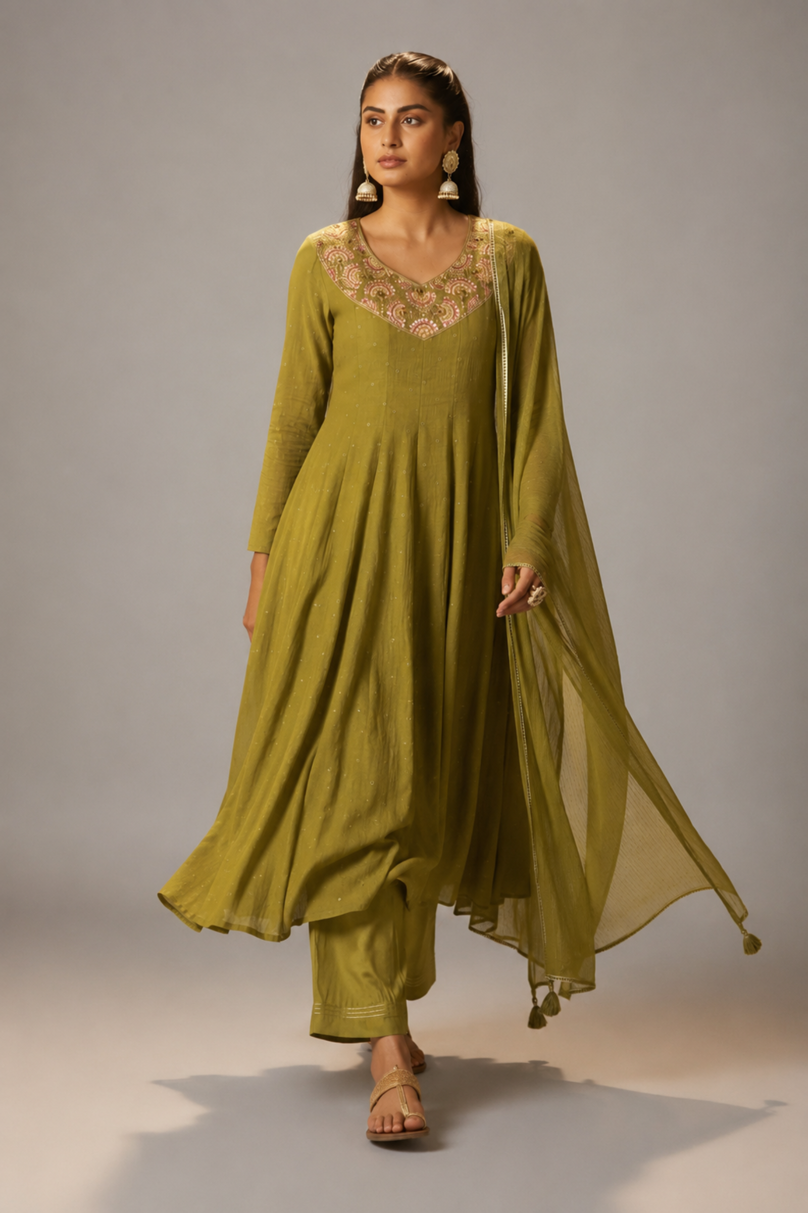 Moss Green Mul Chanderi Embroidery Anarkali Kurta Set