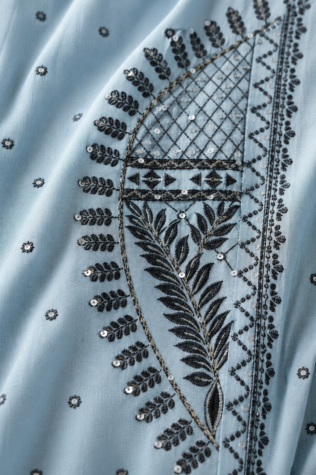 Seafoam Blue Muslin Black Jacquard Kurta Set