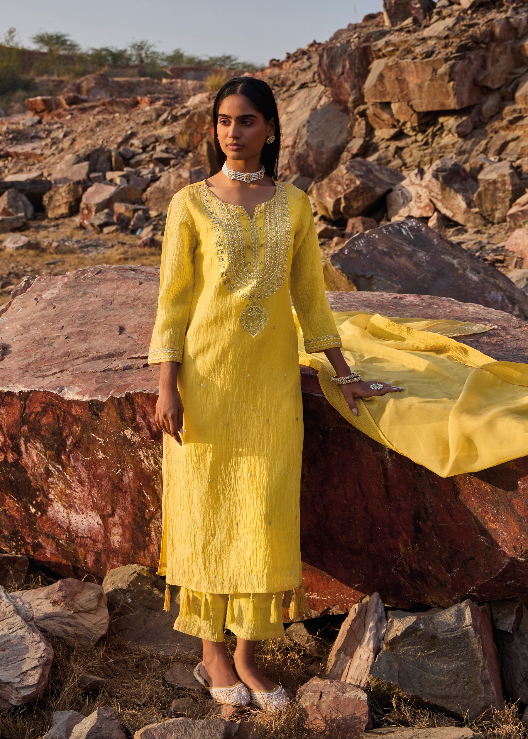 Soraya Lemon Glow Embroidered Silk Kurta Set