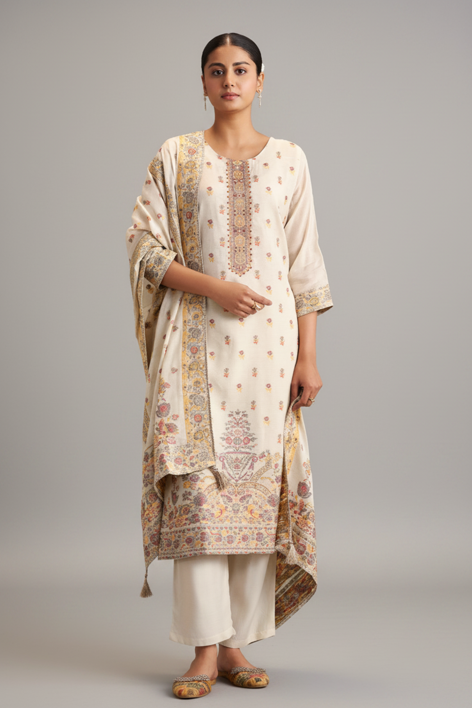 Cream Gold Chanderi Multi-Meena Jacquard Kurta Set