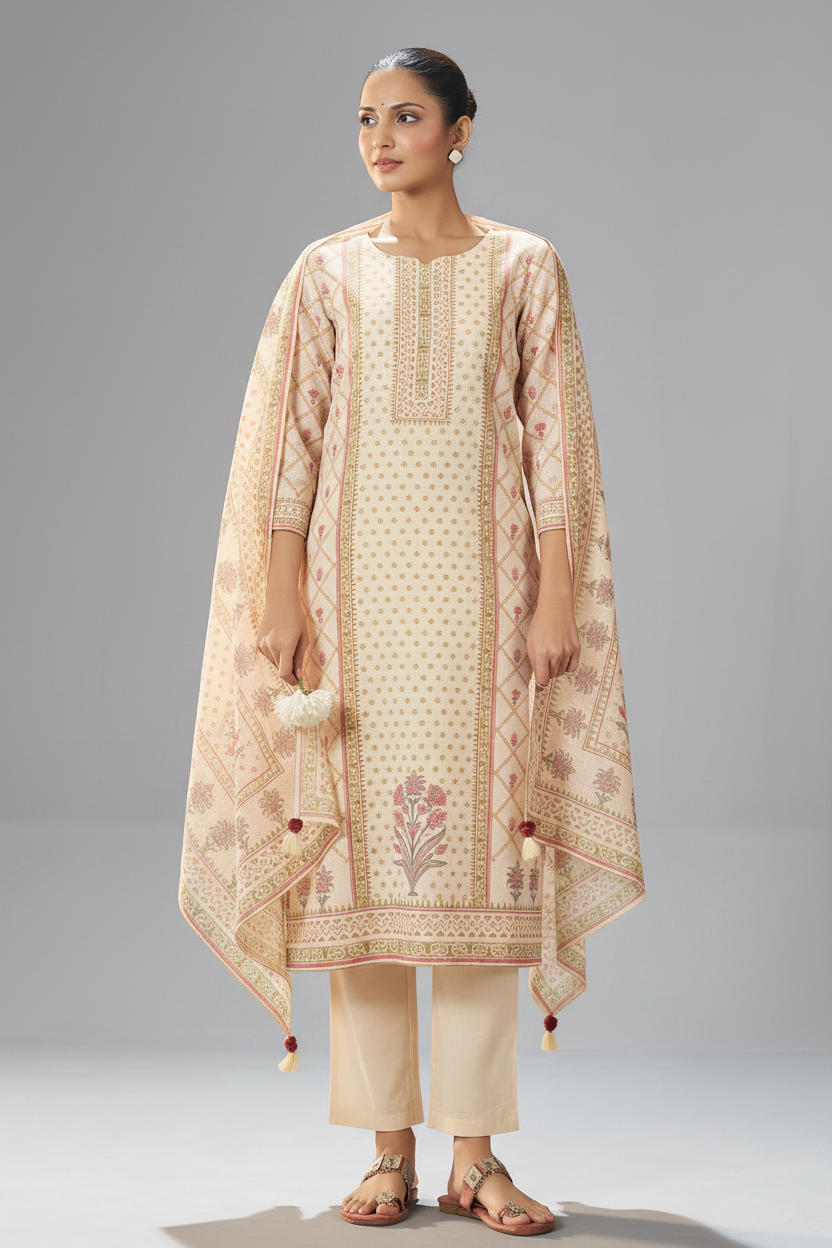 Blush Ivory Buti Linen Cotton Digital Printed Kurta Set