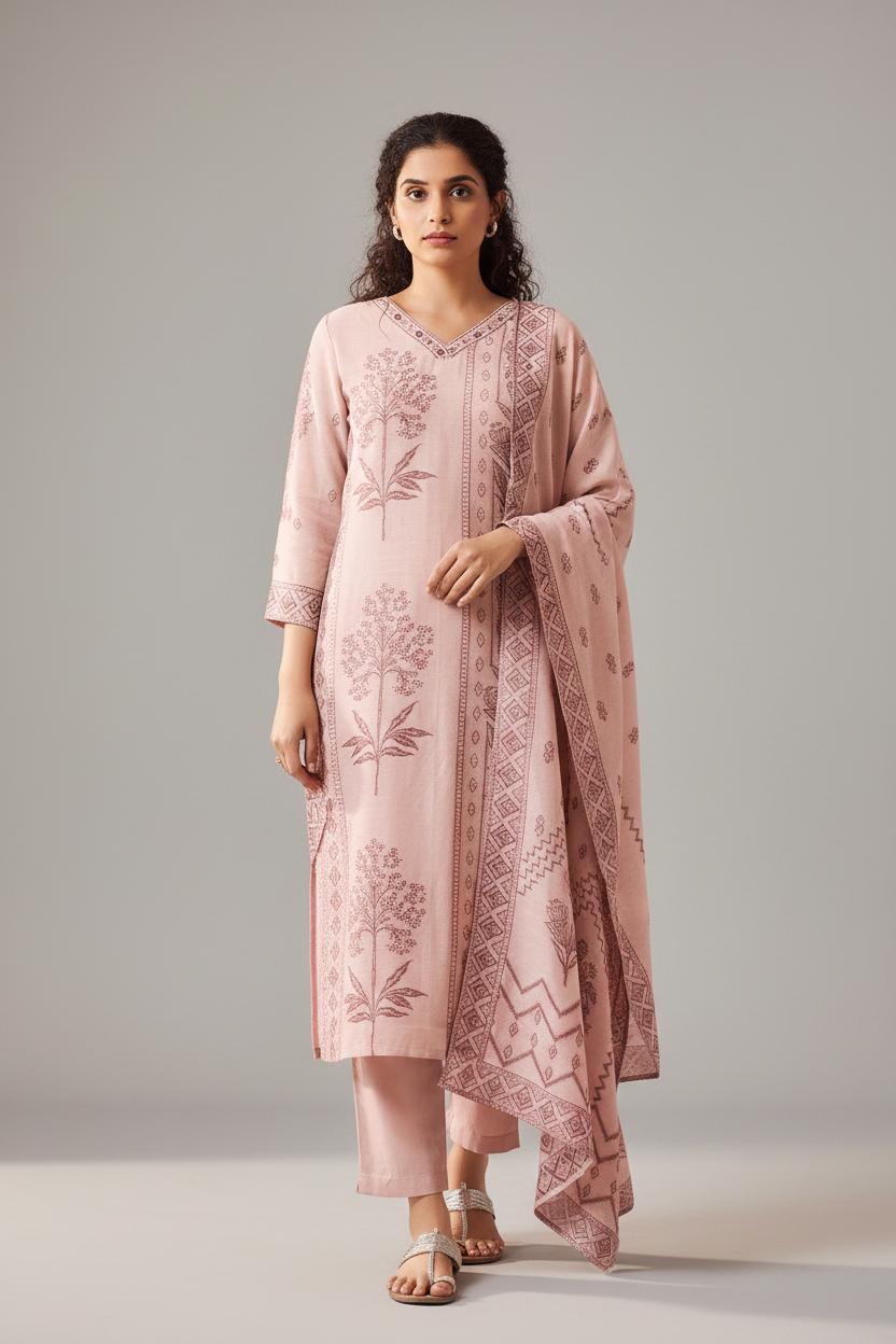 Rose Mist Linen Jacquard Kurta set