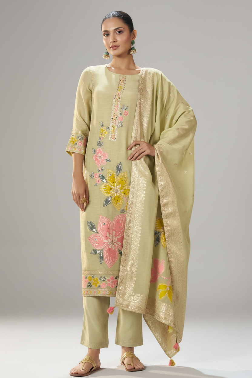 Sage Floral Reverie Viscose Linen Jacquard Multi Meena Kurta Set