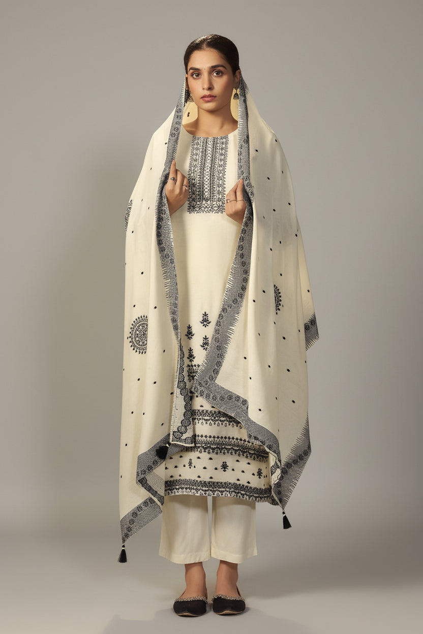 Butter Cream Muslin Black Jacquard Kurta Set