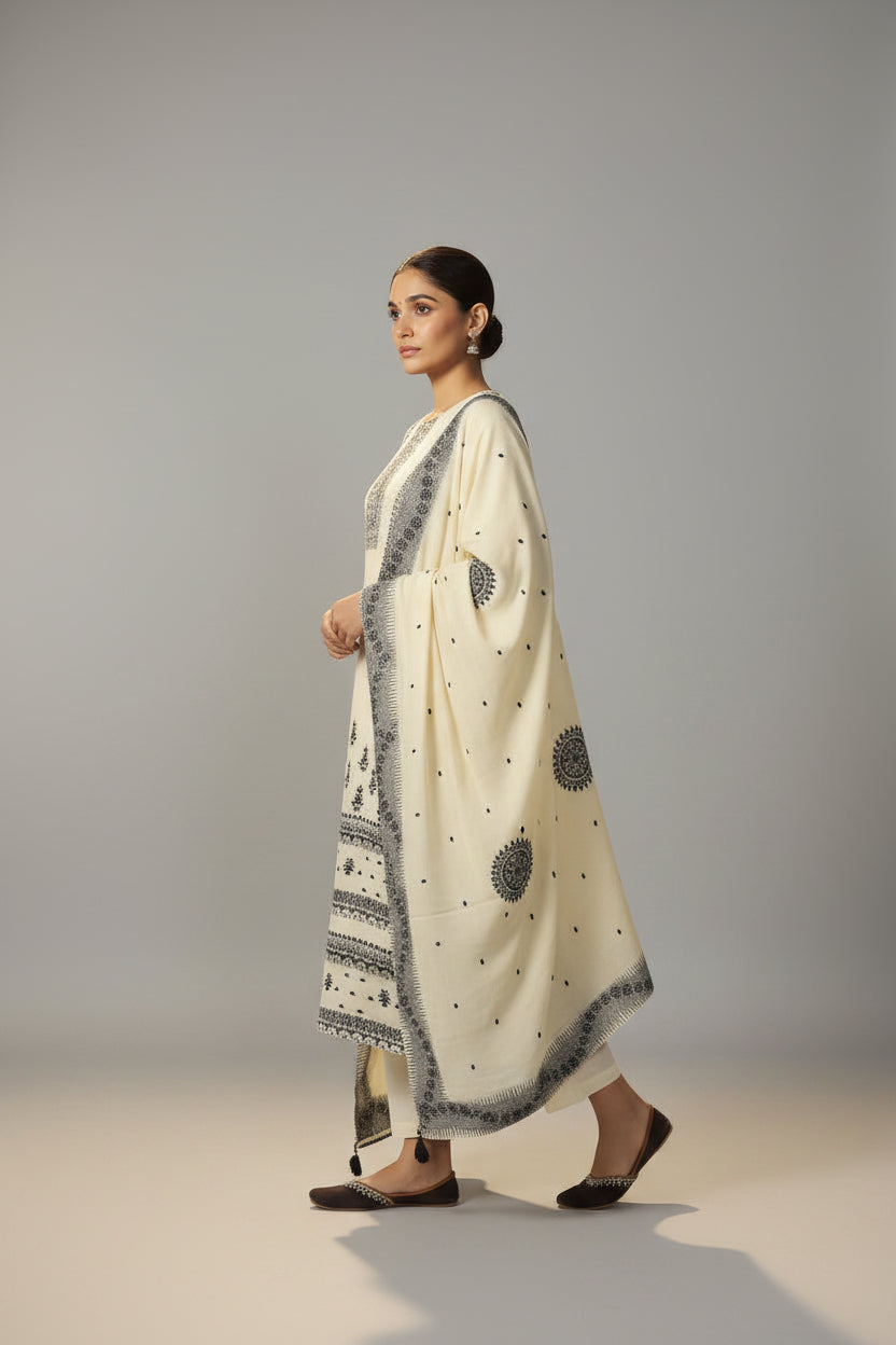 Butter Cream Muslin Black Jacquard Kurta Set