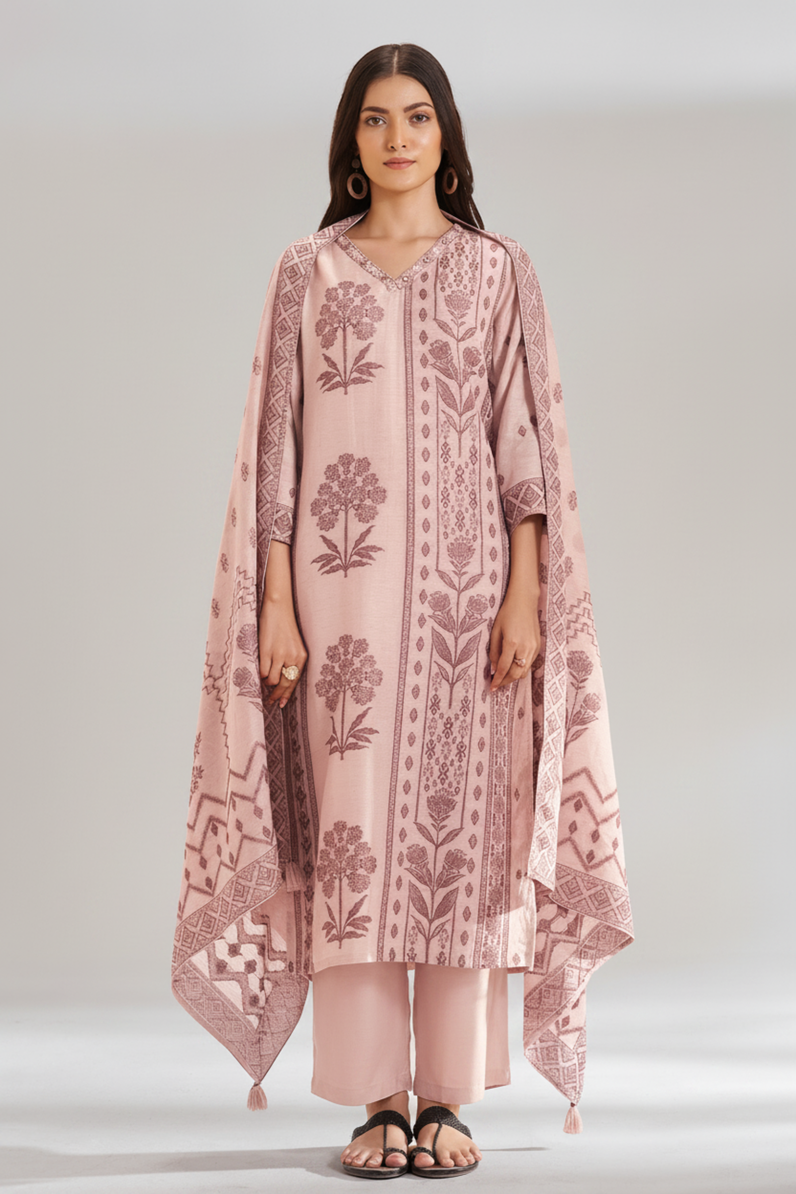 Blush Mocha Linen Jacquard Kurta Set