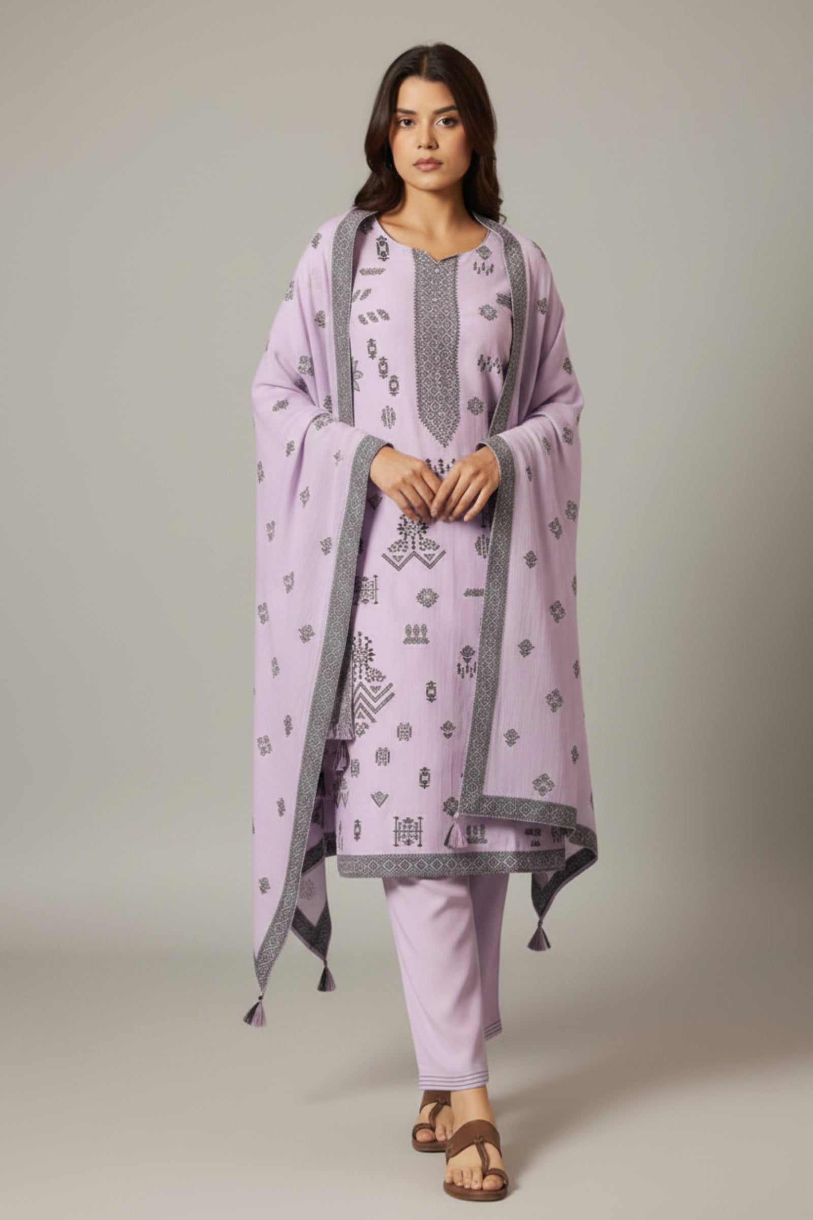 Lilac Whisper Viscose Linen Jacquard Kurta Set