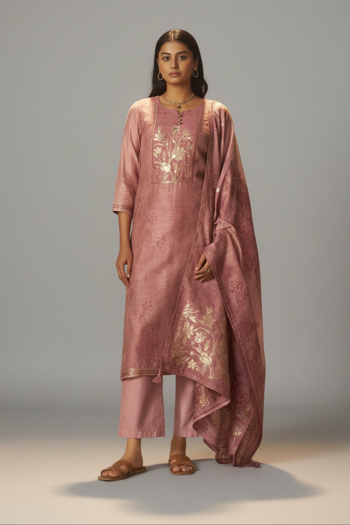 Ethereal Blush Pink Chanderi Jacquard Kurta Set