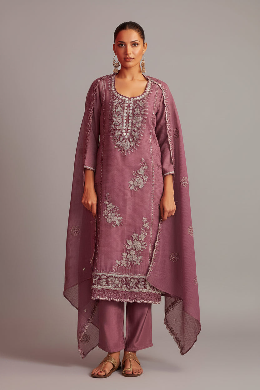 Mauve Handworked Silk Festive Kurta Set