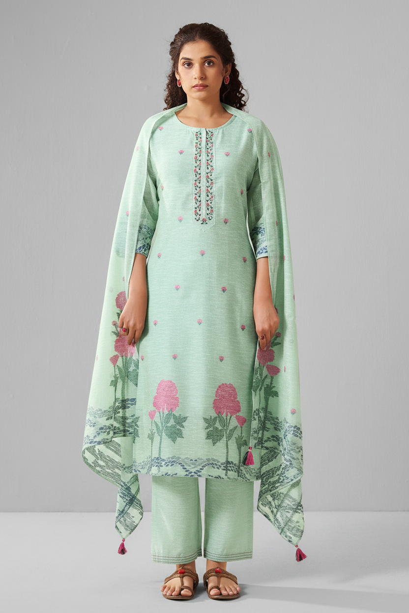 Mint Peony Linen Chanderi Jacquard Kurta Set