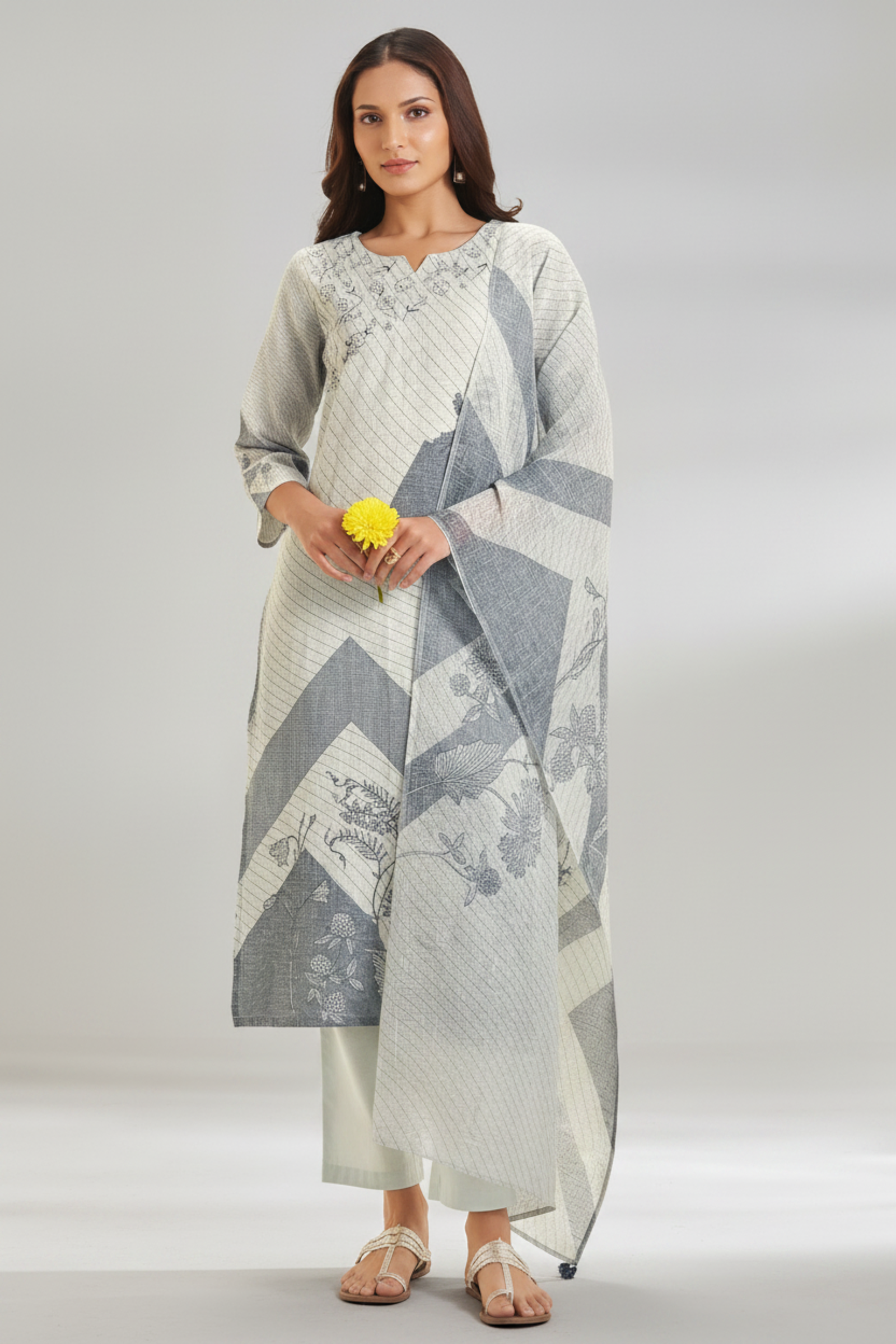 Silver Ash Linen Cotton Digital Printed Kurta Set