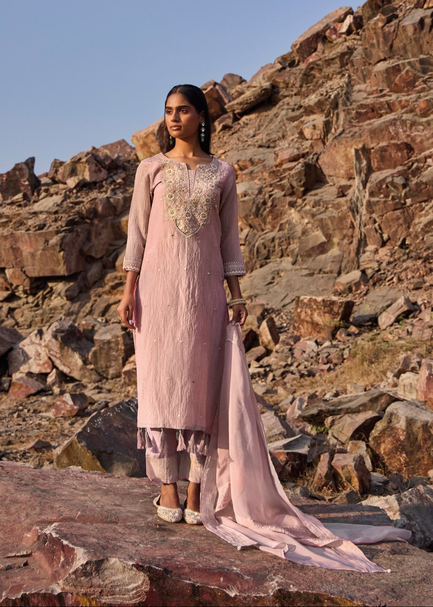 Ormelle Lavender Embroidered Silk Kurta Set