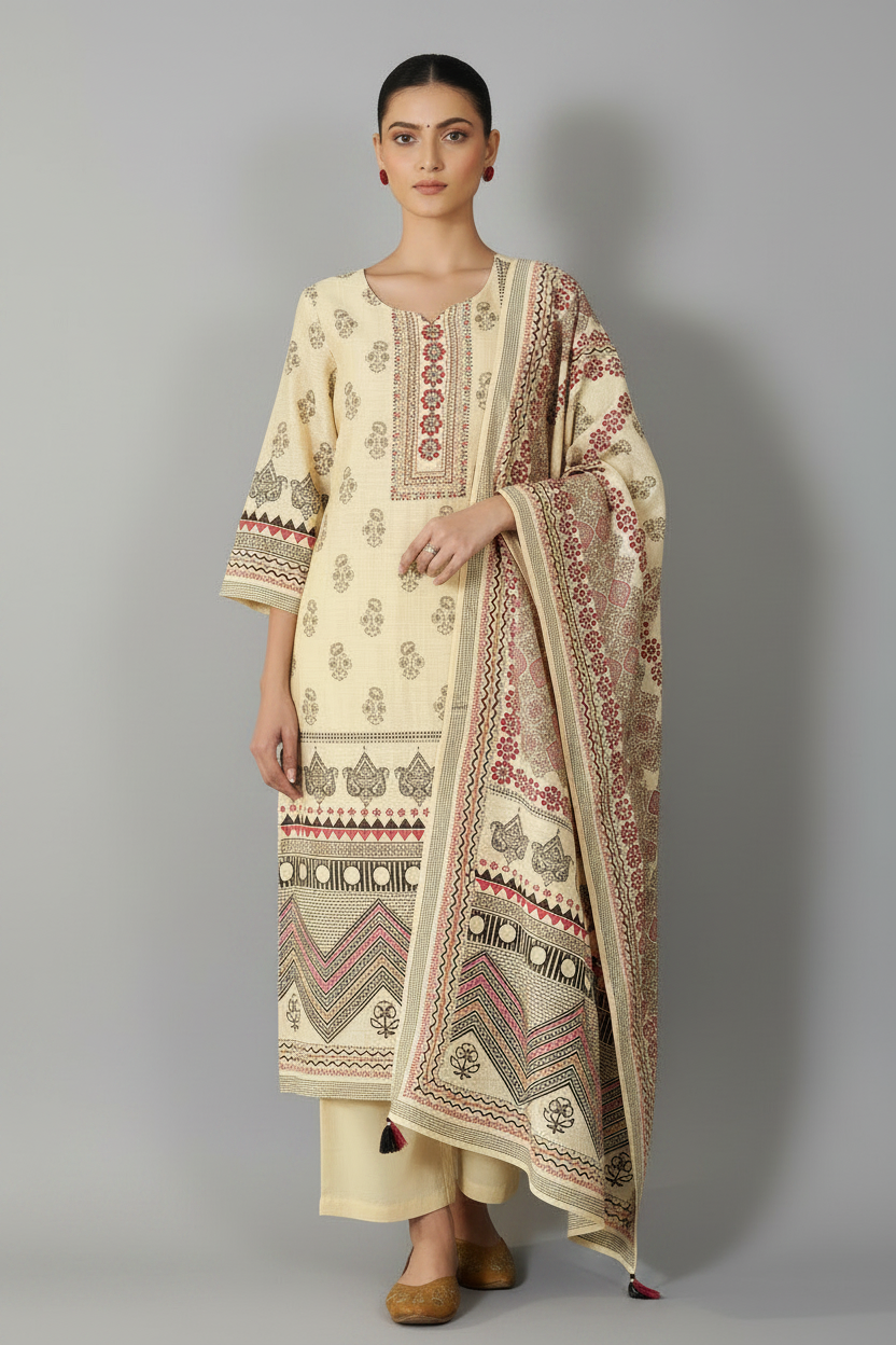 Ivory Caravan Shimmer Linen Digital Printed Kurta Set