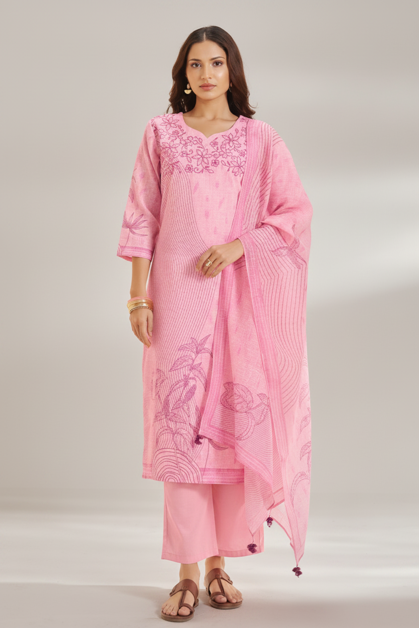 Soft Fuchsia Linen Cotton Digital Printed Kurta Set