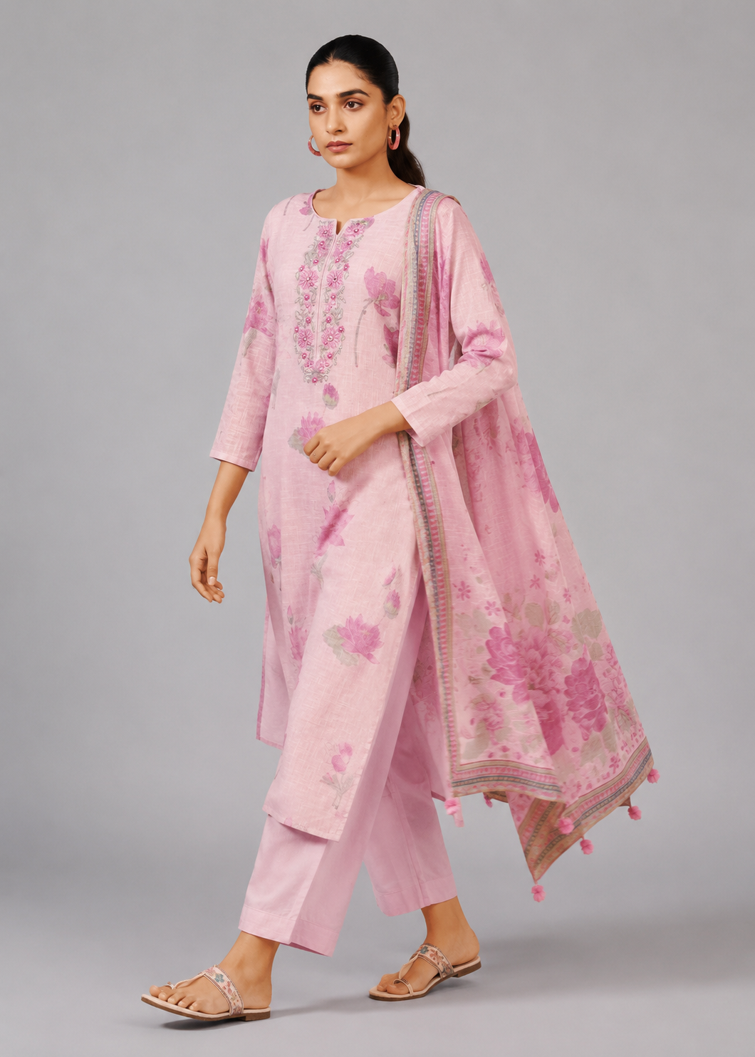 Pink Poly Linen Digital Print Kurta Set with Cotton Bottom & Dupatta