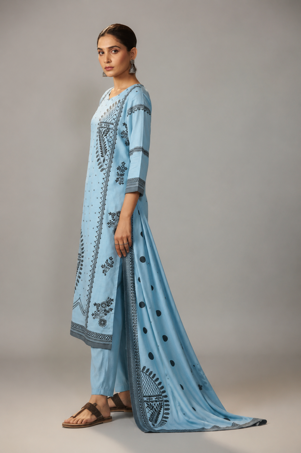 Seafoam Blue Muslin Black Jacquard Kurta Set