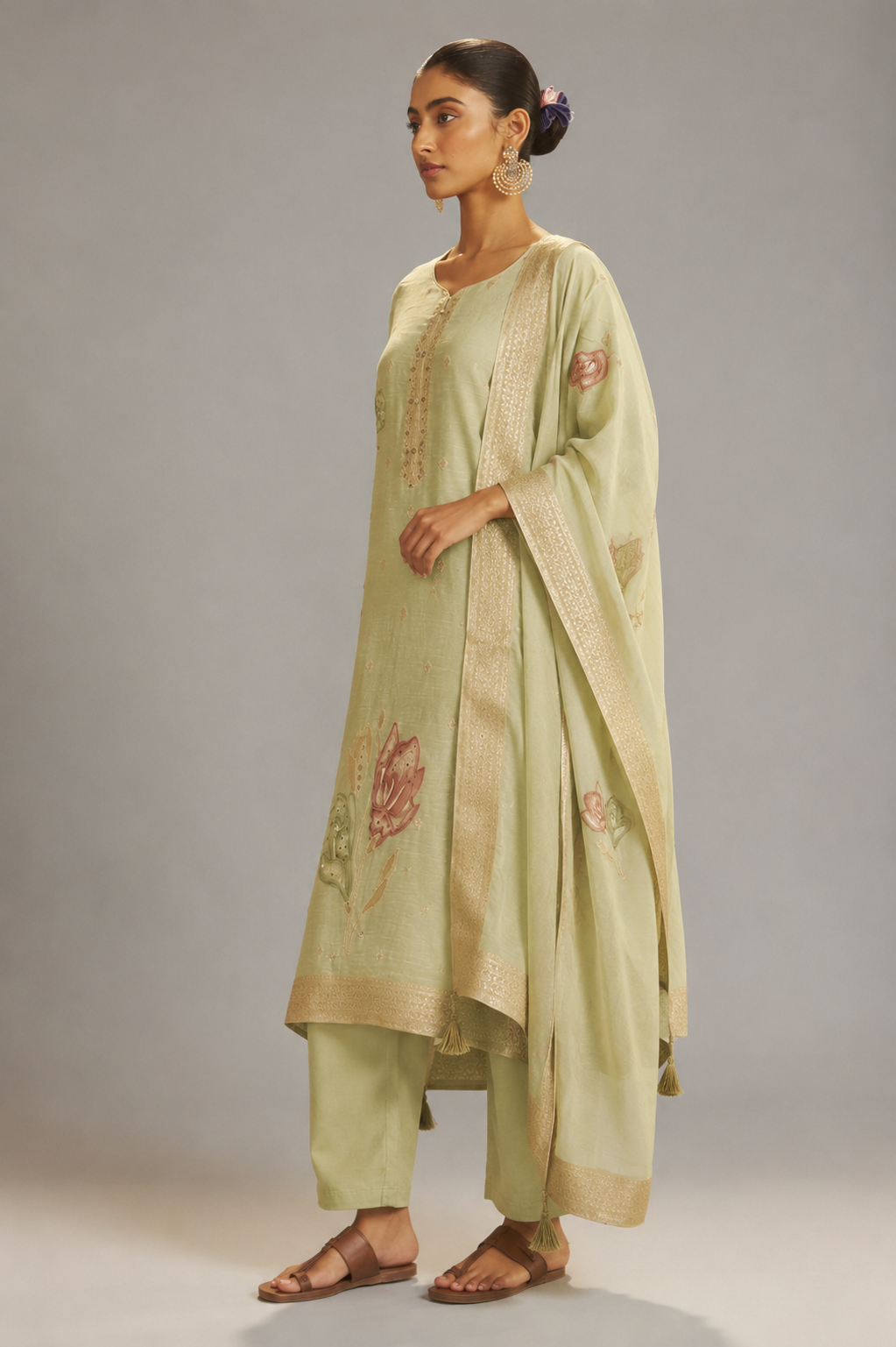 Soft Sage Green Viscose Linen Jacquard Fancy Kurta Set