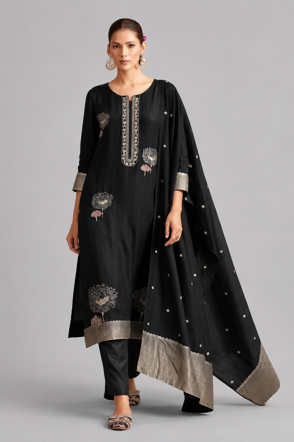 Black Handworked Silk Festive Kurta Set