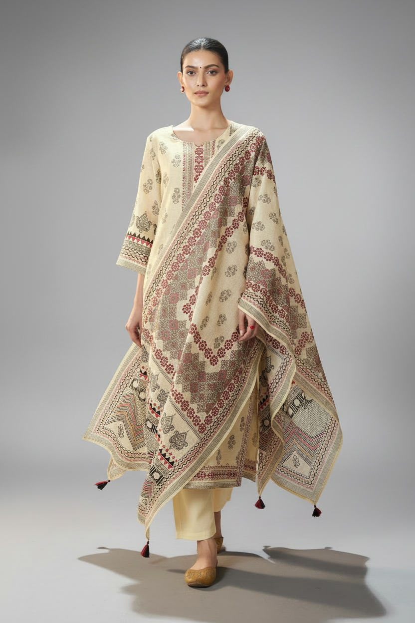 Ivory Caravan Shimmer Linen Digital Printed Kurta Set