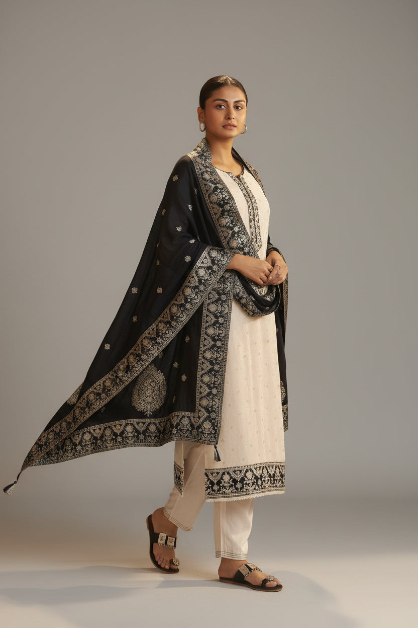 Ivory Tissue Organza Jacquard Ensemble