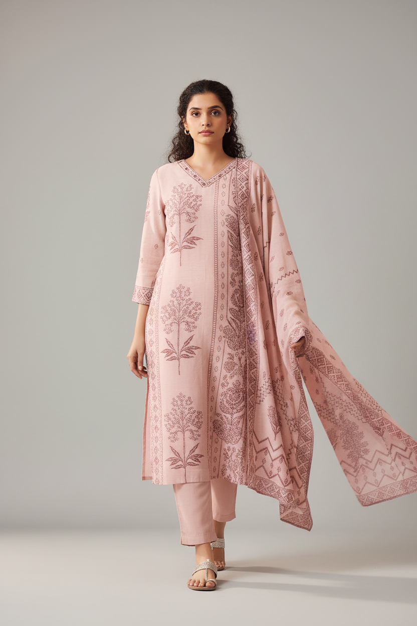 Rose Mist Linen Jacquard Kurta set