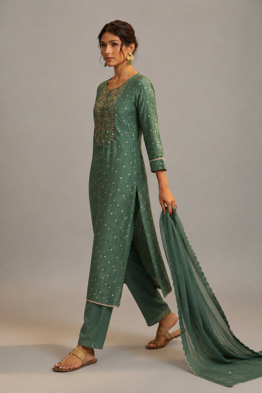 Mirror Embroidery Kurta Set – Green