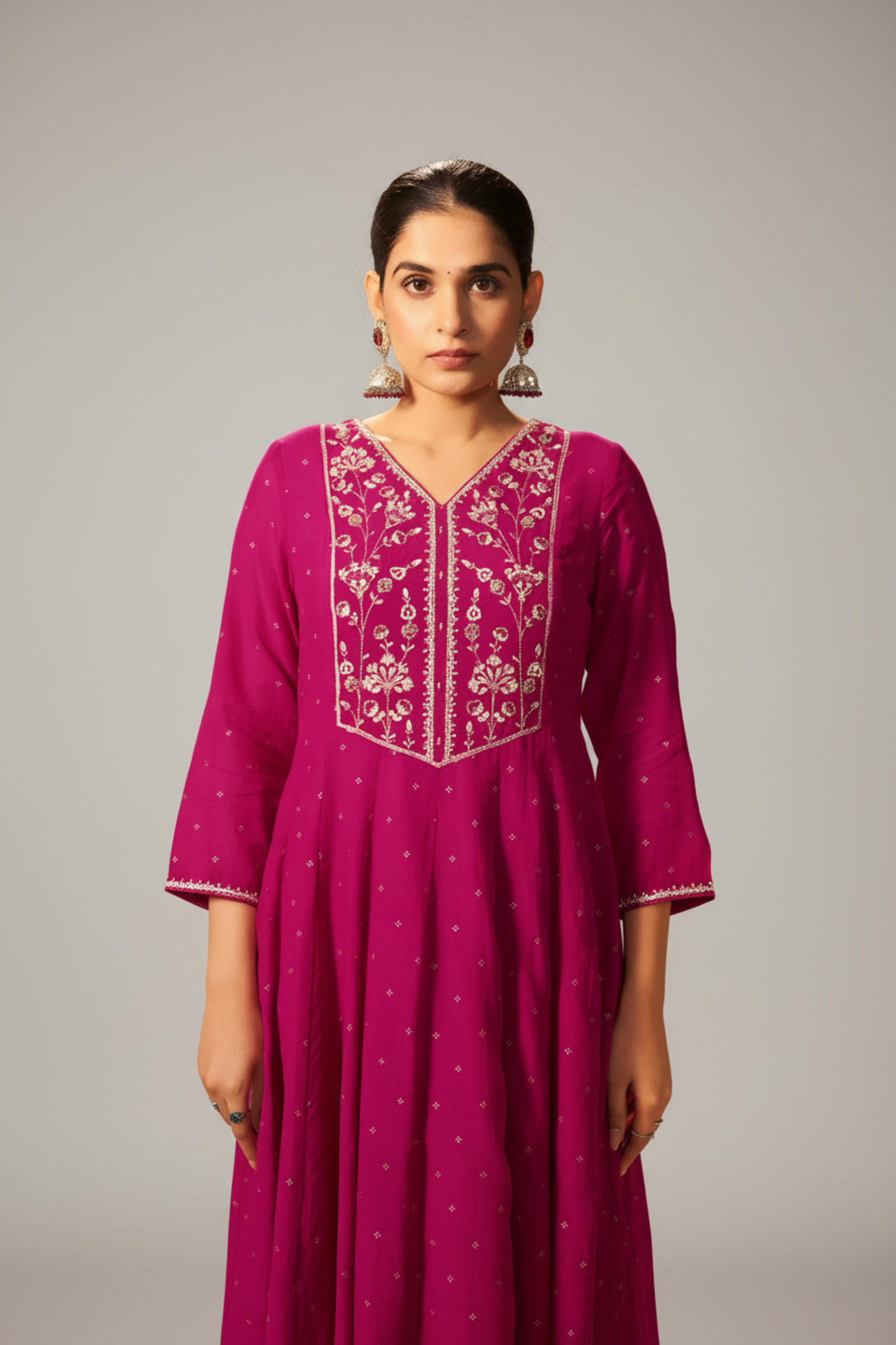 Bold Magenta Mul Chanderi Table Print Anarkali Kurta Set