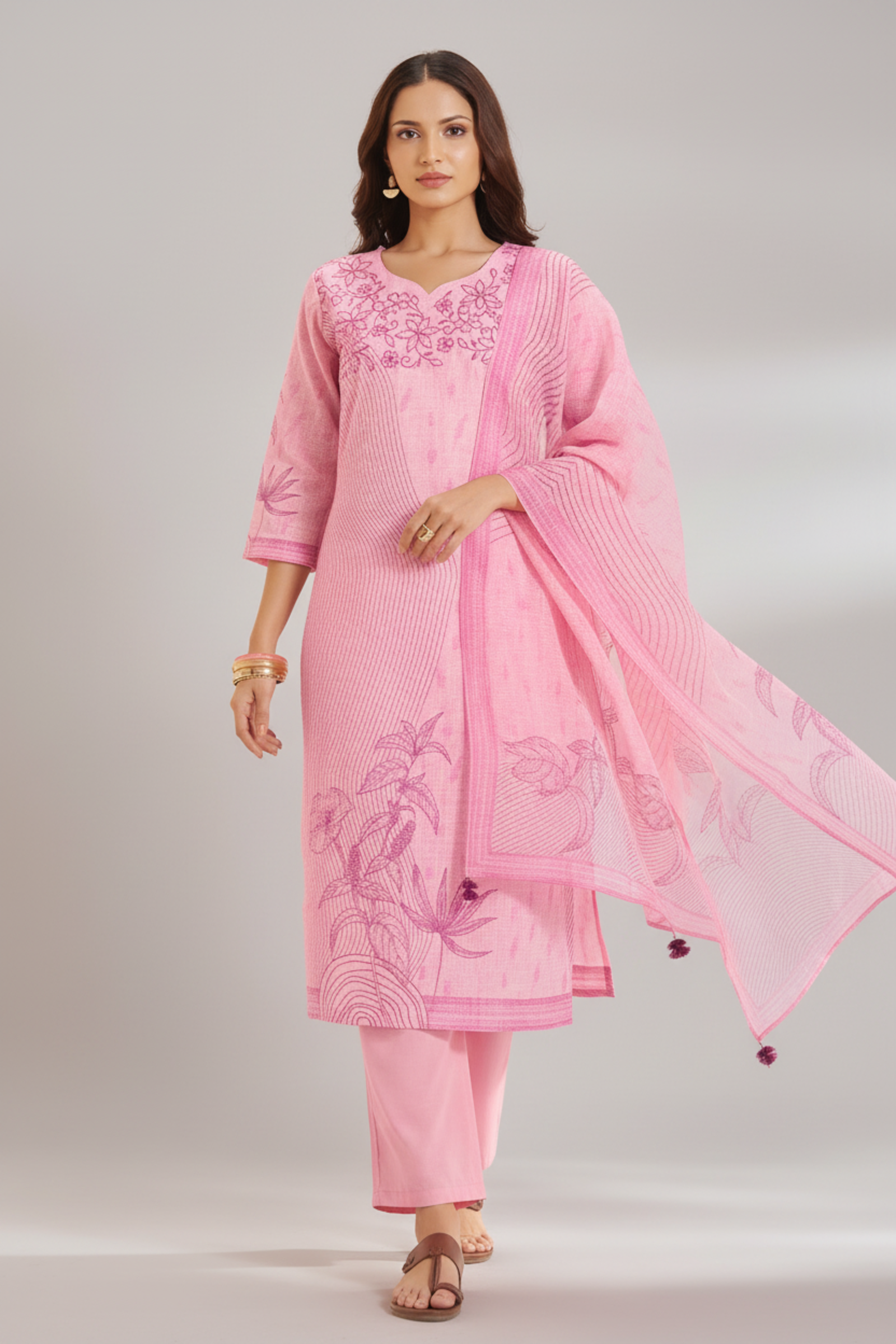 Soft Fuchsia Linen Cotton Digital Printed Kurta Set