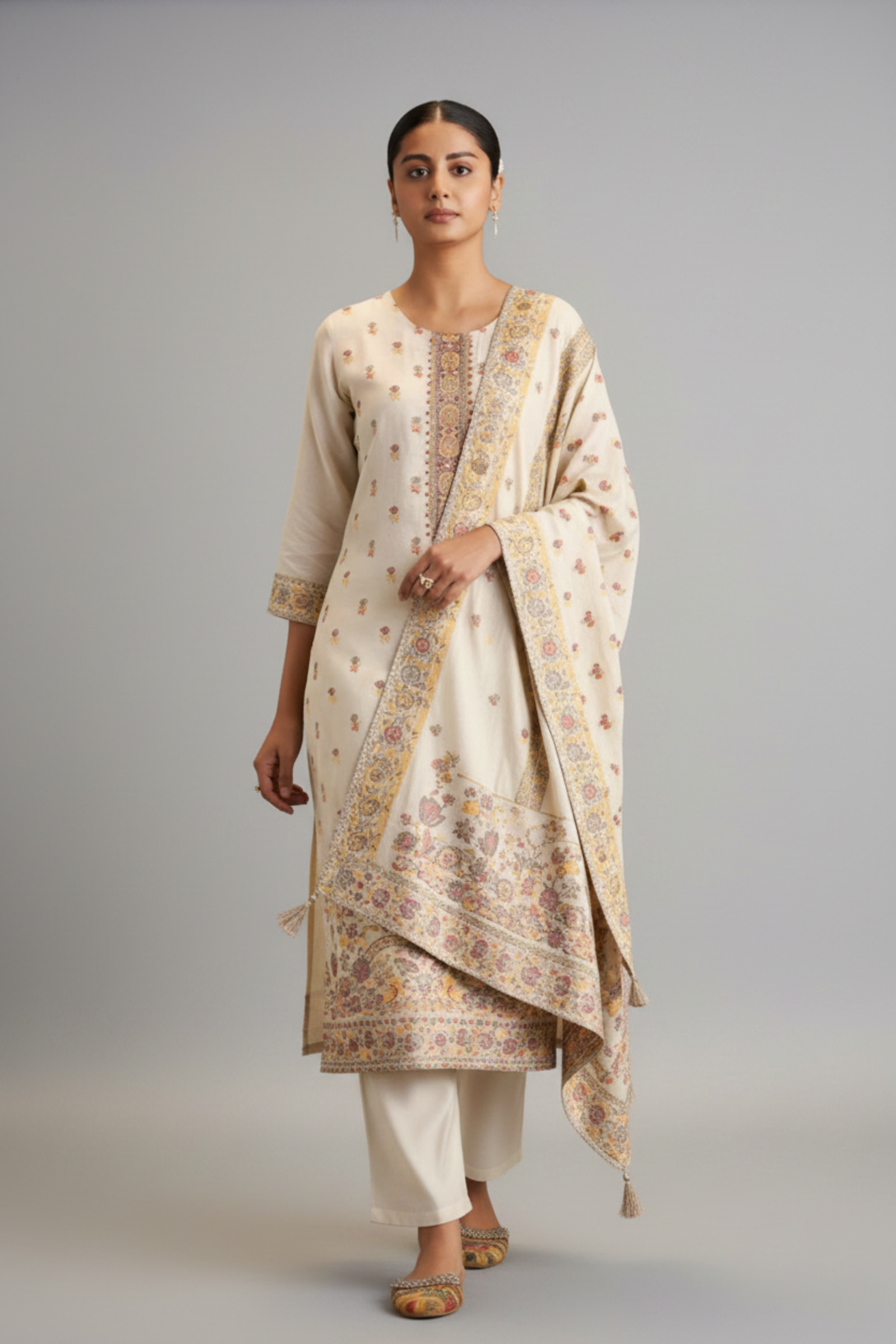 Cream Gold Chanderi Multi-Meena Jacquard Kurta Set