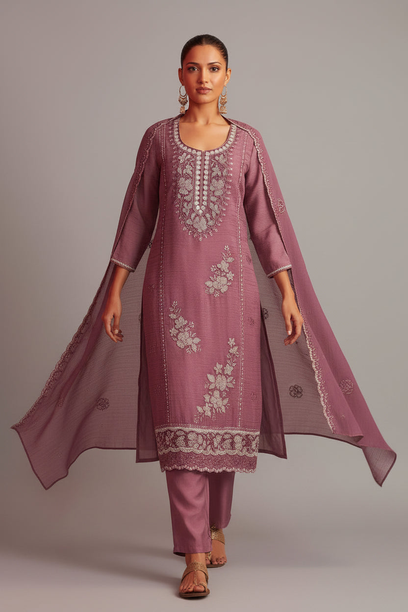 Mauve Handworked Silk Festive Kurta Set