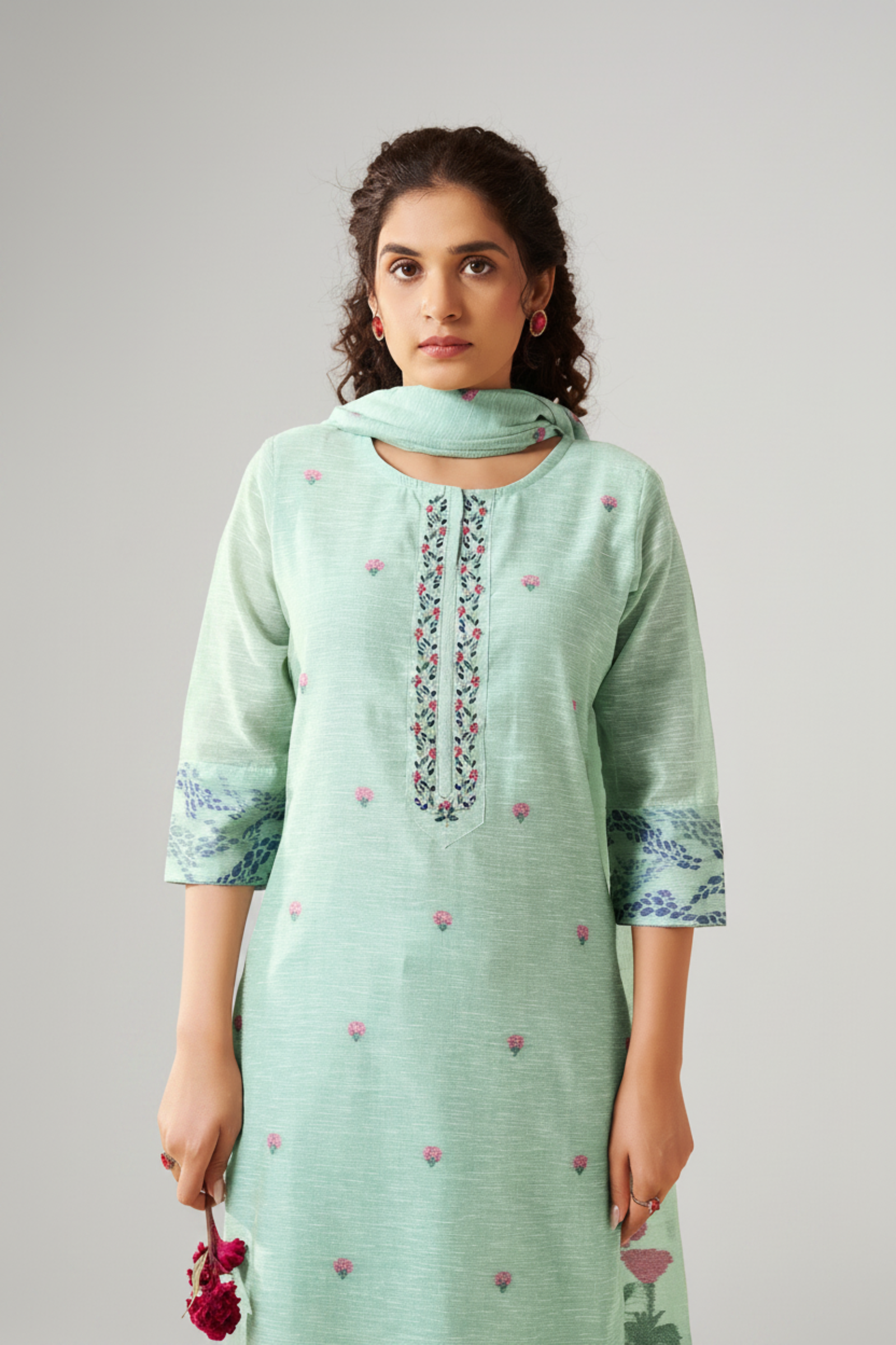 Mint Peony Linen Chanderi Jacquard Kurta Set