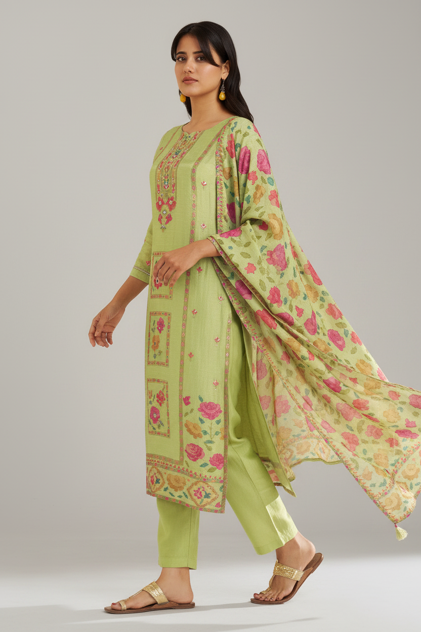 Pistachio Bloom Printed Viscose Jacquard Kurta Set