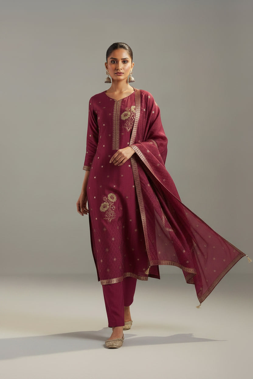 Maroon Handworked Silk Festive Kurta Set