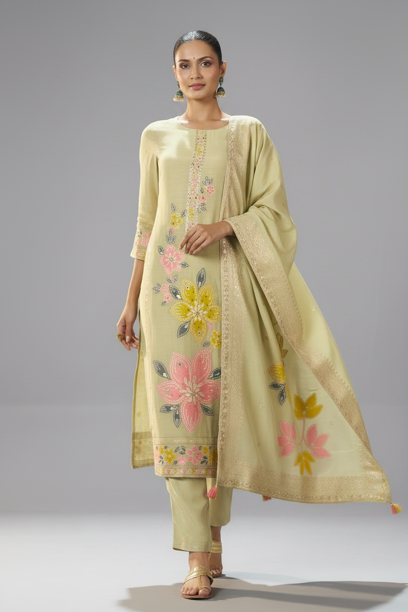 Sage Floral Reverie Viscose Linen Jacquard Multi Meena Kurta Set