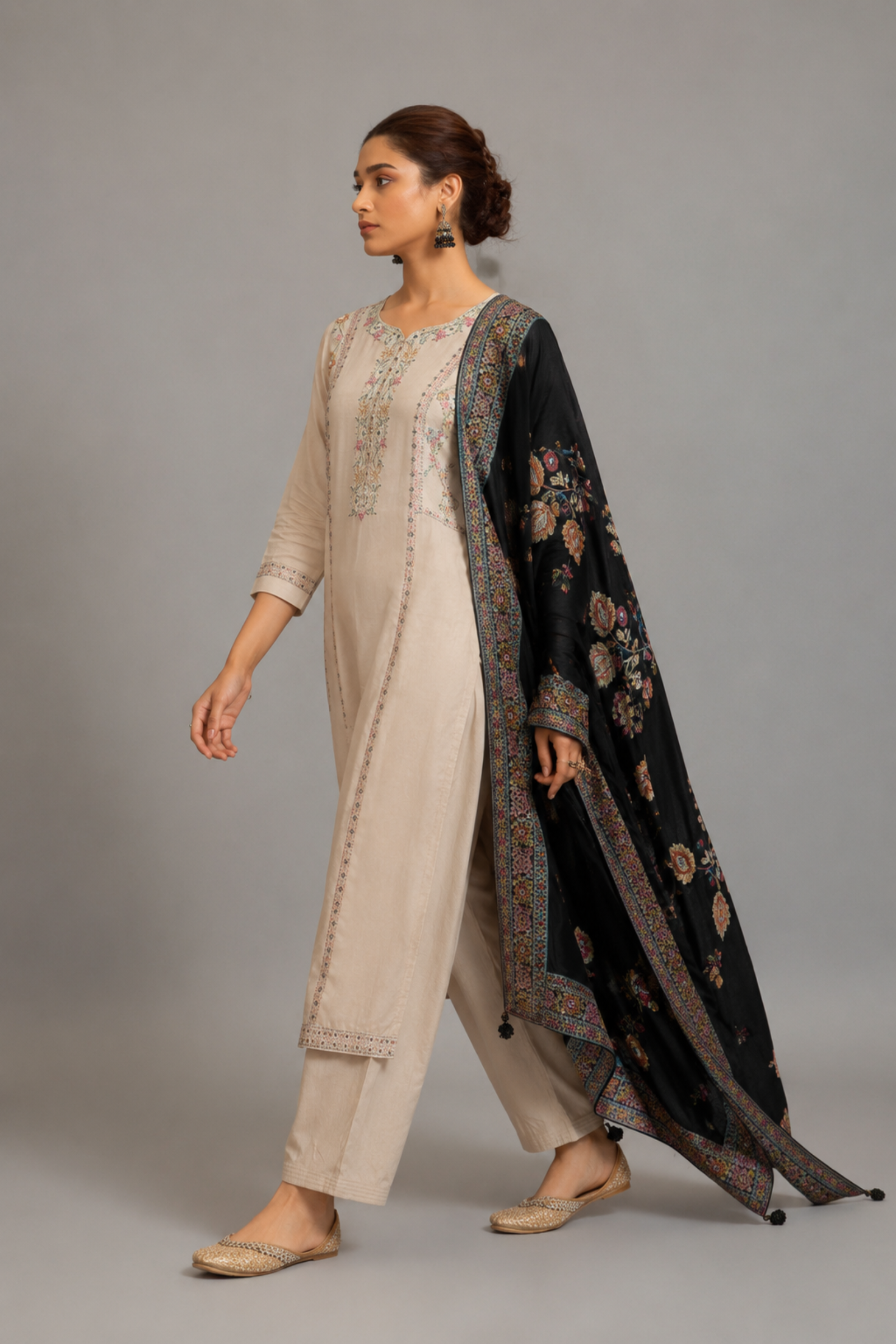 Russian Silk Kurta with Contrast Jacquard Dupatta – Cream