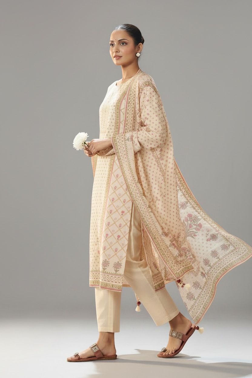Blush Ivory Buti Linen Cotton Digital Printed Kurta Set