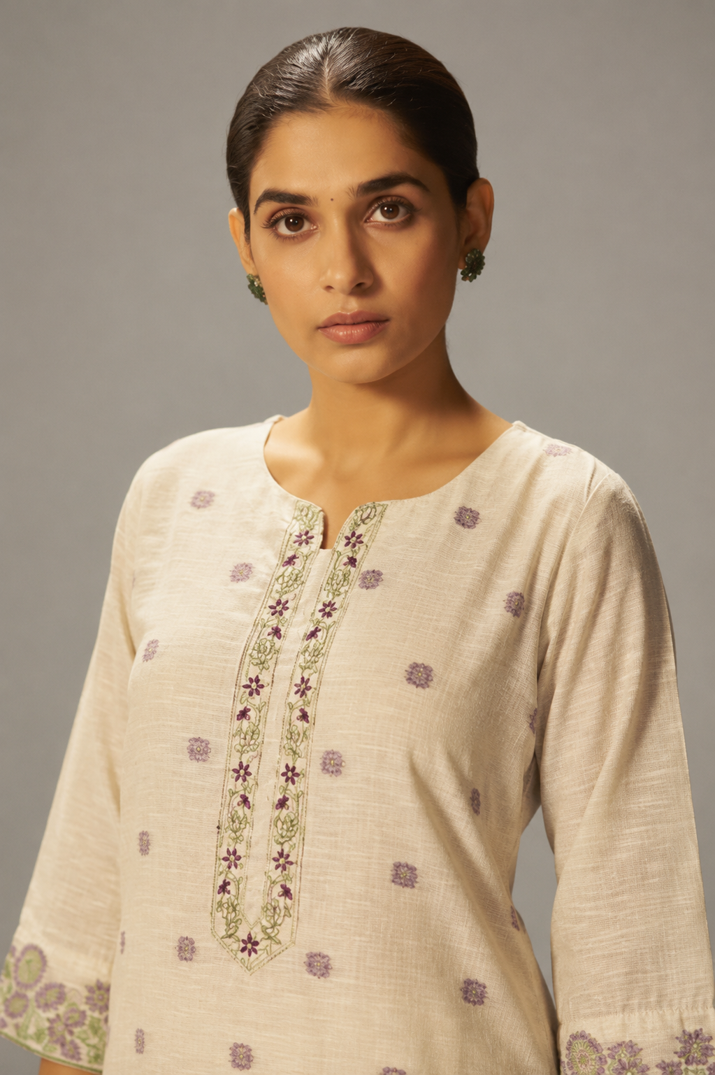 Warm Beige Linen Chanderi Jacquard Kurta Set