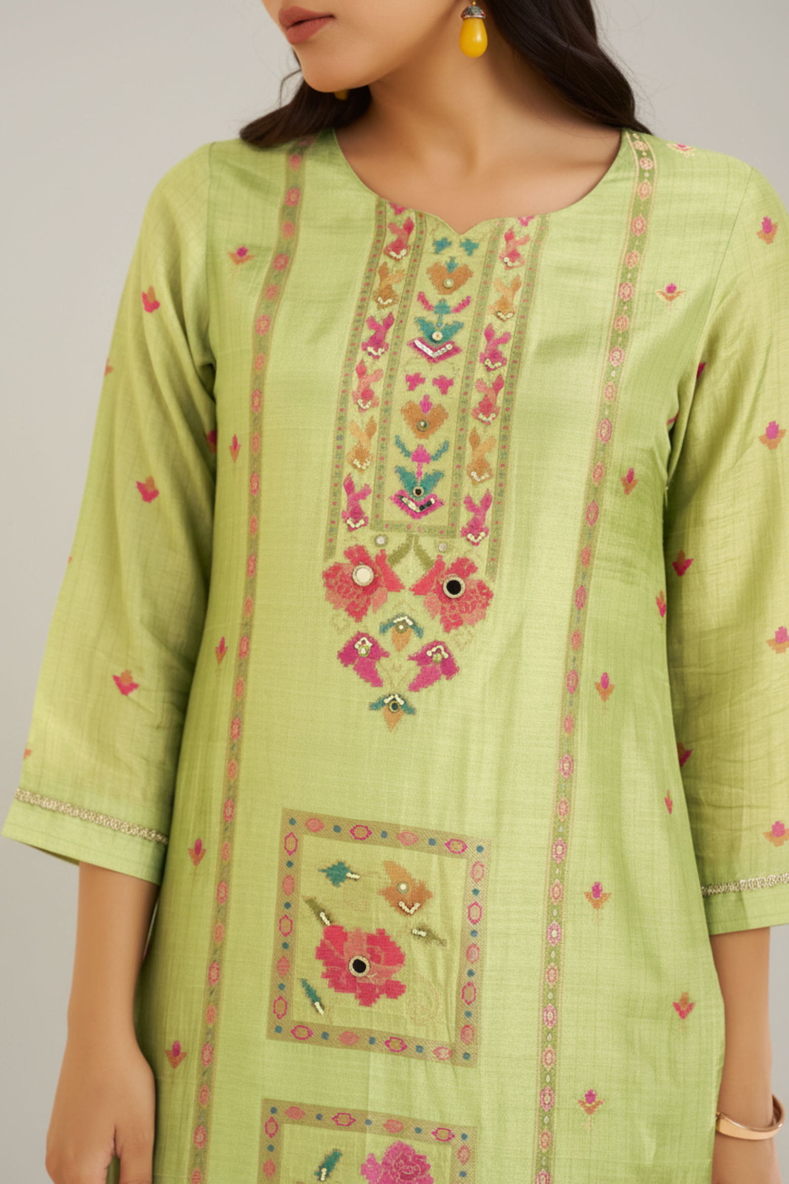 Pistachio Bloom Printed Viscose Jacquard Kurta Set