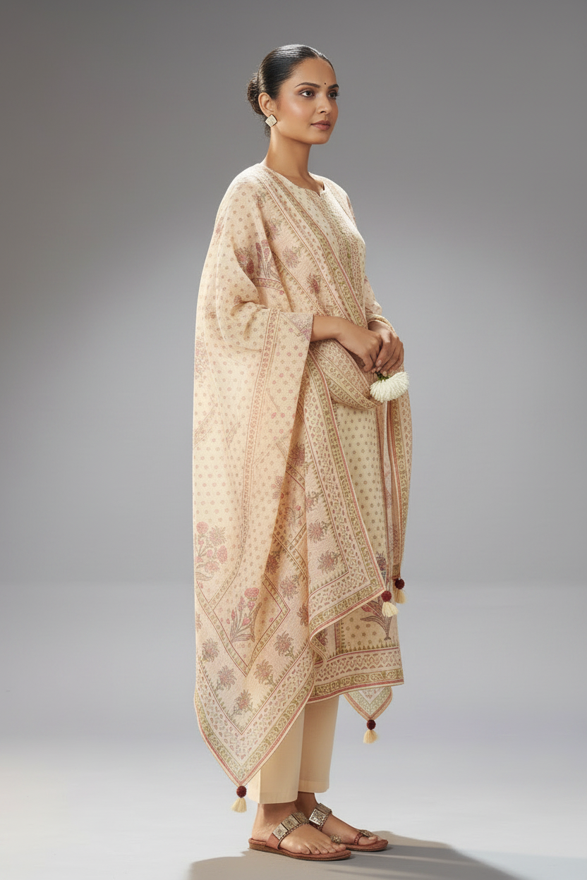 Blush Ivory Buti Linen Cotton Digital Printed Kurta Set